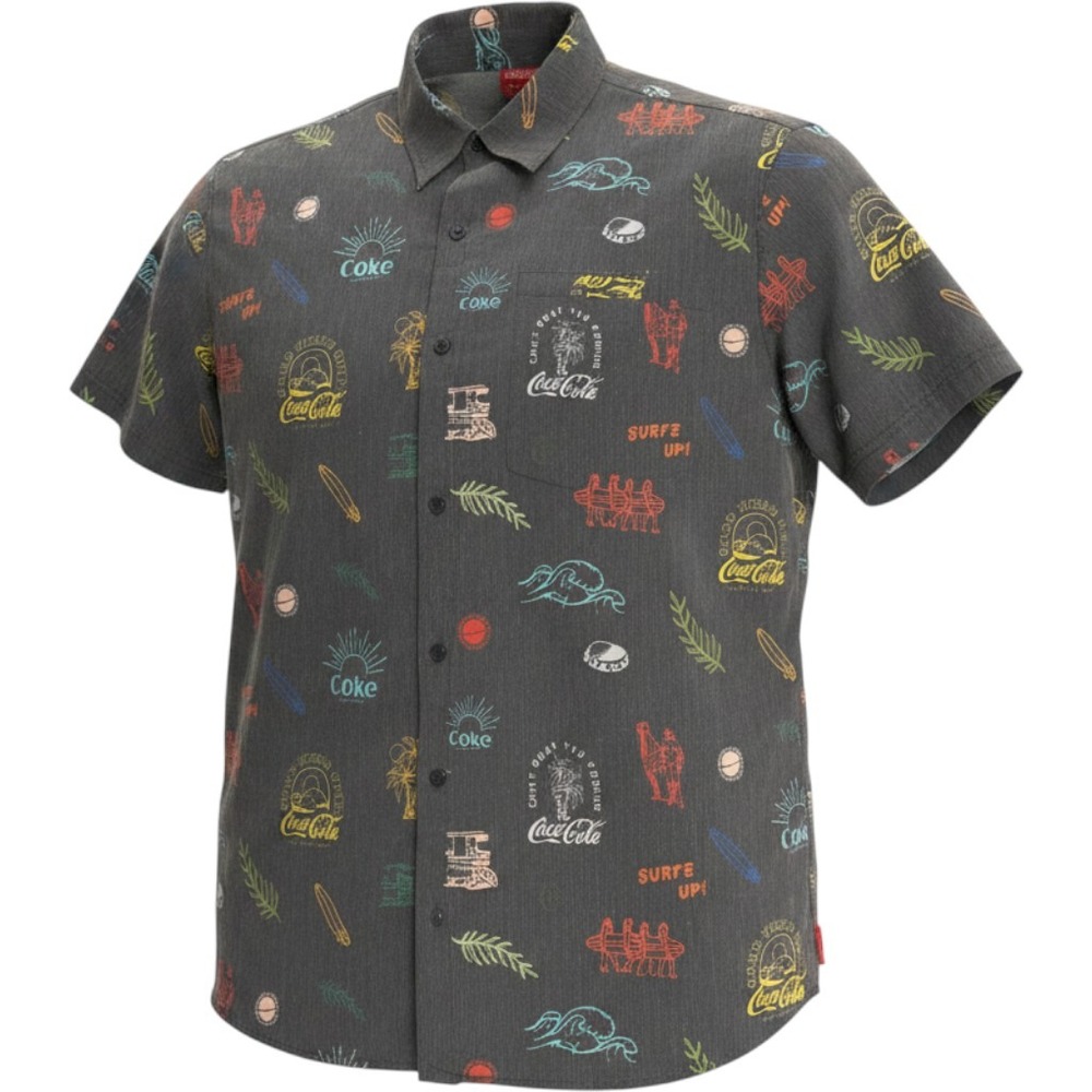 Coca-Cola Mens Large Short Sleeve Button Down Shirt Surf Graphic Charcoal Grey